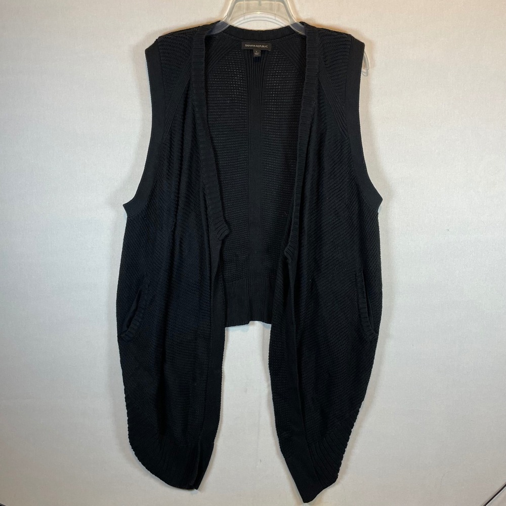Banana Republic Womens Black Textured Knit Open Front Draped Vest Pockets Large - Picture 3 of 7